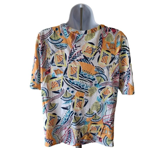 Chico's Short Sleeve V Neck Top Womens Medium Size 1 Abstract Print Orange White - Picture 2 of 7